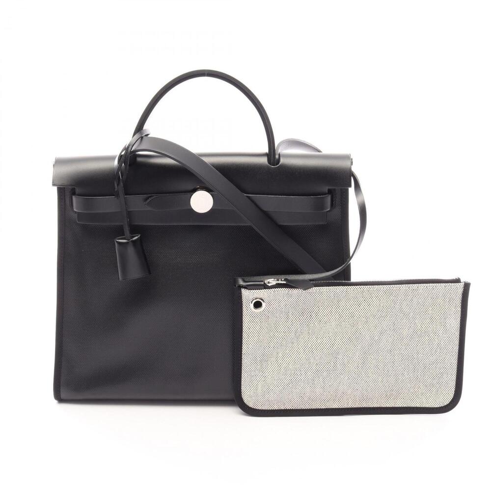 Hermes Herbag Zip PM 2-Way Handbag, Canvas Leather, Toile H Berlinne, Vache H...